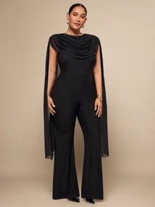SHEIN BAE CURVE Plus Size Black Long Pants Cowl Neck Jumpsuit - Black - View 6