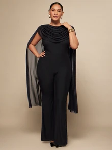 SHEIN BAE CURVE Plus Size Black Long Pants Cowl Neck Jumpsuit - Black - View 4