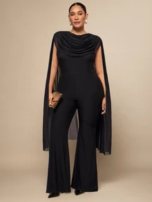 SHEIN BAE CURVE Plus Size Black Long Pants Cowl Neck Jumpsuit - Black - View 7