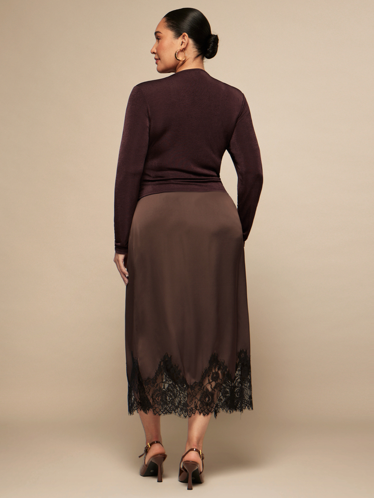 SHEIN BAE CURVE Plus Size Women's Brown Satin Lace Patchwork Skirt Fall - Brown - View 6
