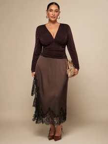 SHEIN BAE CURVE 大尺碼女款優雅蕾絲拼接開衩設計休閒浪漫百搭日常裙，深棕色，適合夏季/秋季/冬季，感恩節約會之夜 - 棕色 - 查看 7