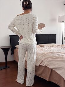 Napfluff Women's 3 Pieces Heart Print Button-Front Camisole & Long Pants Pajama Set - Beige - View 2