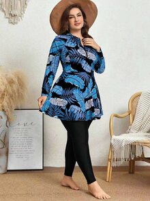 SHEIN Swim 大尺碼女款 2 件組隨機印花長袖圓領拉鍊式長款保守熱帶東協風修身連身泳衣 度假天空藍夏季海灘 - 彩色 - 查看 1