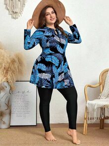 SHEIN Swim 大尺碼女款 2 件組隨機印花長袖圓領拉鍊式長款保守熱帶東協風修身連身泳衣 度假天空藍夏季海灘 - 彩色 - 查看 5