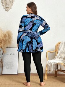 SHEIN Swim 大尺碼女款 2 件組隨機印花長袖圓領拉鍊式長款保守熱帶東協風修身連身泳衣 度假天空藍夏季海灘 - 彩色 - 查看 2