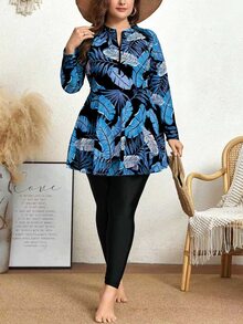 SHEIN Swim 大尺碼女款 2 件組隨機印花長袖圓領拉鍊式長款保守熱帶東協風修身連身泳衣 度假天空藍夏季海灘 - 彩色 - 查看 4