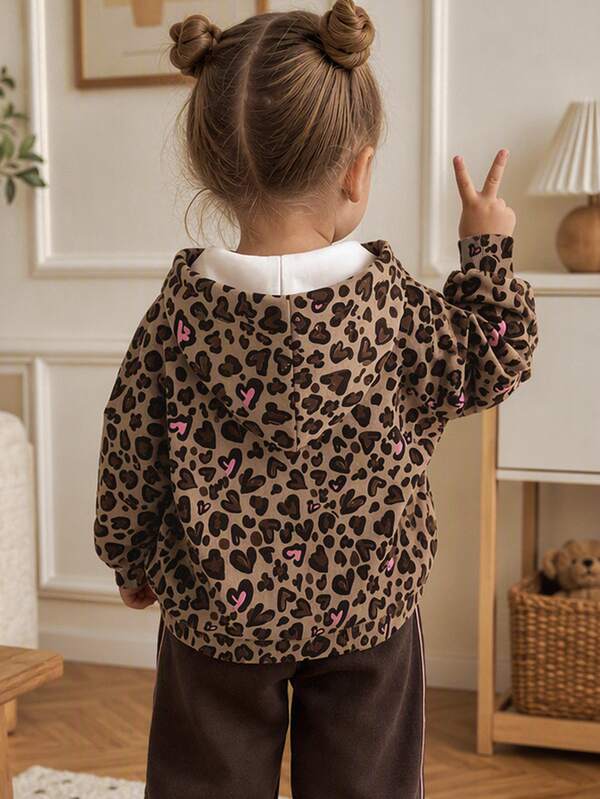 Sweatshirt Bayi Perempuan Motif Leopard Warna Kue Oatmeal, Kasual Minimalis Vintage Manis Pink Hati Leopard Pola Leopard Longgar Leher Bulat Lembut Nyaman Lengan Panjang Berkerudung Cocok Untuk Pakaian Sehari-hari Musim Gugur/Dingin, Jalan-jalan, Pedesaan, Musim Kembali ke Sekolah, Hari Valentine, Suasana Musim Gugur yang Kaya, Pakaian Pedesaan Musim Musim Gugur, Pakaian Thanksgiving, Eksplorasi Musim Gugur