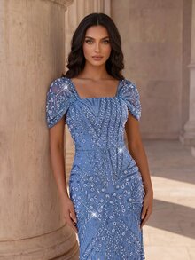 Coutiva Elegant Luxury Beaded Rhinestone Mermaid Dress,Sequin Contrast Bubble Evening Dress For Women,Suitable For Cocktail Party,Wedding Guest & Graduation - Dusty Blue - View 6