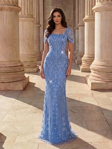 Coutiva Elegant Luxury Beaded Rhinestone Mermaid Dress,Sequin Contrast Bubble Evening Dress For Women,Suitable For Cocktail Party,Wedding Guest & Graduation - Dusty Blue - View 5