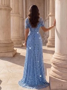 Coutiva Elegant Luxury Beaded Rhinestone Mermaid Dress,Sequin Contrast Bubble Evening Dress For Women,Suitable For Cocktail Party,Wedding Guest & Graduation - Dusty Blue - View 2