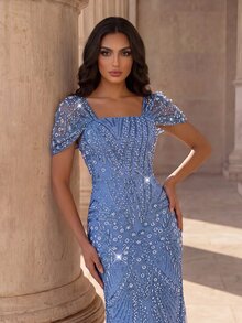 Coutiva Elegant Luxury Beaded Rhinestone Mermaid Dress,Sequin Contrast Bubble Evening Dress For Women,Suitable For Cocktail Party,Wedding Guest & Graduation - Dusty Blue - View 4