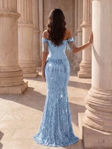 Coutiva Elegant Celestial Party Dinner Evening Event Off-Shoulder Sequin Fringe Decor Mermaid Tail Evening Gown Wedding Sky Blue Winter - Baby Blue - View 2