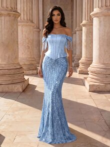 Coutiva Elegant Celestial Party Dinner Evening Event Off-Shoulder Sequin Fringe Decor Mermaid Tail Evening Gown Wedding Sky Blue Winter - Baby Blue - View 5