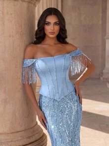 Coutiva Elegant Celestial Party Dinner Evening Event Off-Shoulder Sequin Fringe Decor Mermaid Tail Evening Gown Wedding Sky Blue Winter - Baby Blue - View 3