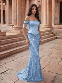 Coutiva Elegant Celestial Party Dinner Evening Event Off-Shoulder Sequin Fringe Decor Mermaid Tail Evening Gown Wedding Sky Blue Winter - Baby Blue - View 4