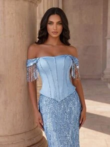 Coutiva Elegant Celestial Party Dinner Evening Event Off-Shoulder Sequin Fringe Decor Mermaid Tail Evening Gown Wedding Sky Blue Winter - Baby Blue - View 6