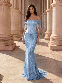 Coutiva Elegant Celestial Party Dinner Evening Event Off-Shoulder Sequin Fringe Decor Mermaid Tail Evening Gown Wedding Sky Blue Winter - Baby Blue - View 1