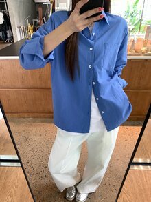 DAZY 休閒百搭純色長袖襯衫 秋季 - 藍色 - 查看 3