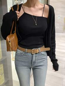 DAZY Setelan 2 Potong Wanita: Atasan Camisole Pas Badan dan Kardigan Longgar, Kasual untuk Liburan Musim Semi/Gugur - Hitam - View 8