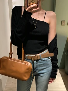 DAZY Setelan 2 Potong Wanita: Atasan Camisole Pas Badan dan Kardigan Longgar, Kasual untuk Liburan Musim Semi/Gugur - Hitam - View 6