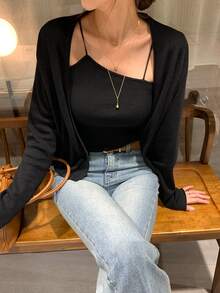 DAZY Setelan 2 Potong Wanita: Atasan Camisole Pas Badan dan Kardigan Longgar, Kasual untuk Liburan Musim Semi/Gugur - Hitam - View 9