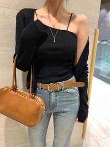 DAZY Setelan 2 Potong Wanita: Atasan Camisole Pas Badan dan Kardigan Longgar, Kasual untuk Liburan Musim Semi/Gugur - Hitam - View 2