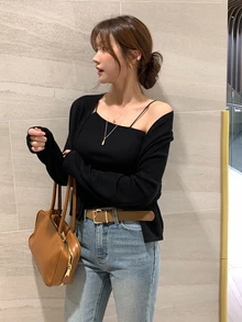 DAZY Setelan 2 Potong Wanita: Atasan Camisole Pas Badan dan Kardigan Longgar, Kasual untuk Liburan Musim Semi/Gugur - Hitam - View 5