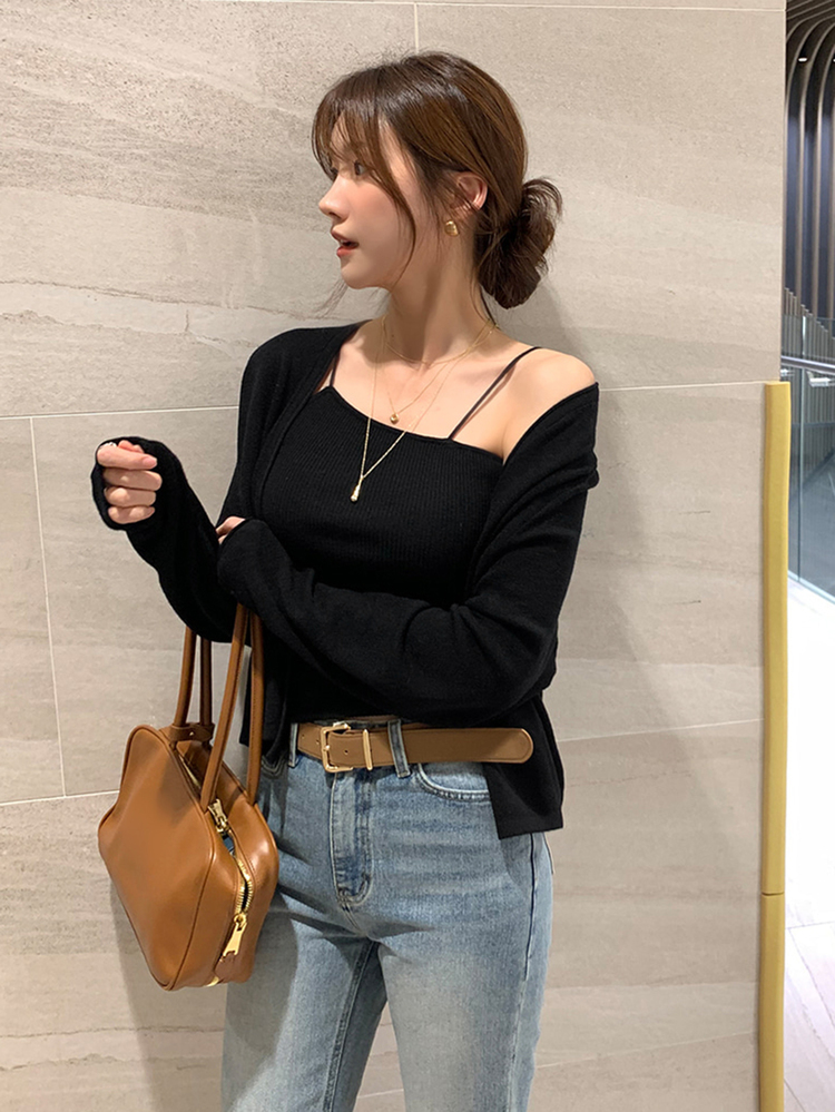 DAZY 女款純色修身背心與寬鬆開襟衫休閒度假風春秋針織衫兩件套 - 黑色 - 查看 5