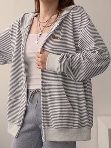 DAZY Sweatshirt Wanita Bordir Bergaris dengan Resleting dan Kantong, Hoodie Ukuran Besar untuk Musim Gugur - Grey - View 4