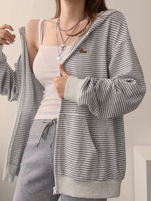 DAZY Sweatshirt Wanita Bordir Bergaris dengan Resleting dan Kantong, Hoodie Ukuran Besar untuk Musim Gugur - Grey - View 3