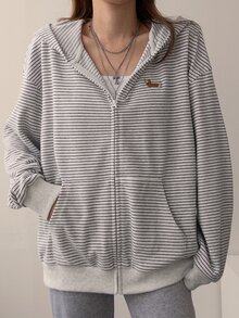 DAZY Sweatshirt Wanita Bordir Bergaris dengan Resleting dan Kantong, Hoodie Ukuran Besar untuk Musim Gugur - Grey - View 8