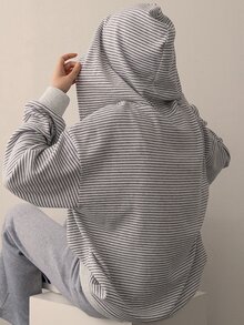 DAZY Sweatshirt Wanita Bordir Bergaris dengan Resleting dan Kantong, Hoodie Ukuran Besar untuk Musim Gugur - Grey - View 5