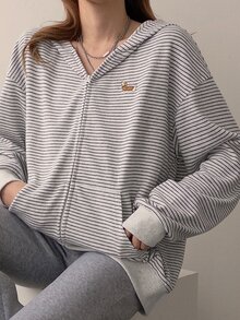 DAZY Sweatshirt Wanita Bordir Bergaris dengan Resleting dan Kantong, Hoodie Ukuran Besar untuk Musim Gugur - Grey - View 7