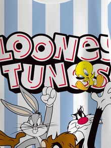 LOONEY TUNES X SHEIN 青少年男孩夏季休闲条纹字母和卡通图案短袖T恤 - 白色 - 查看 6