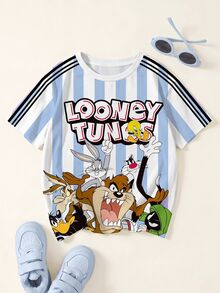 LOONEY TUNES X SHEIN 青少年男孩夏季休闲条纹字母和卡通图案短袖T恤 - 白色 - 查看 1