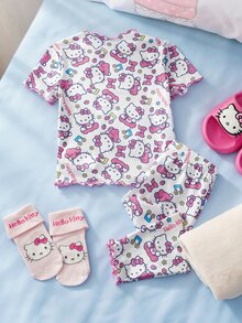 HELLO KITTY AND FRIENDS | SHEIN Set Piyama Bayi Perempuan Lengan Pendek dan Celana Motif Kartun - Putih - View 3