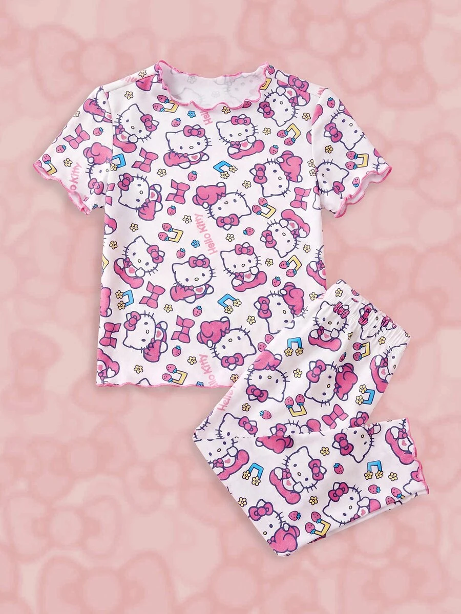 HELLO KITTY AND FRIENDS | SHEIN Set Piyama Bayi Perempuan Lengan Pendek dan Celana Motif Kartun - Putih - View 1