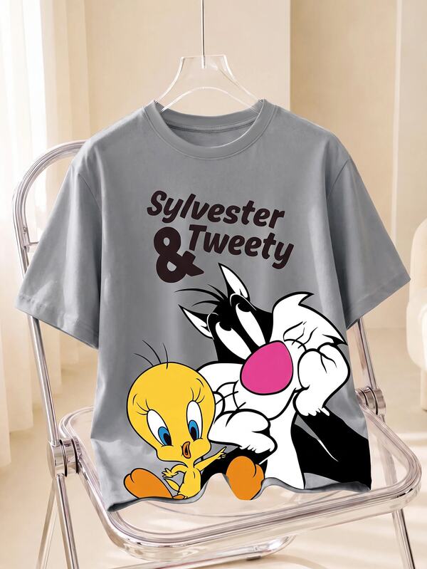 LOONEY TUNES X SHEIN 大尺碼女款圓領字母卡通印花休閒百搭日常短袖T恤
