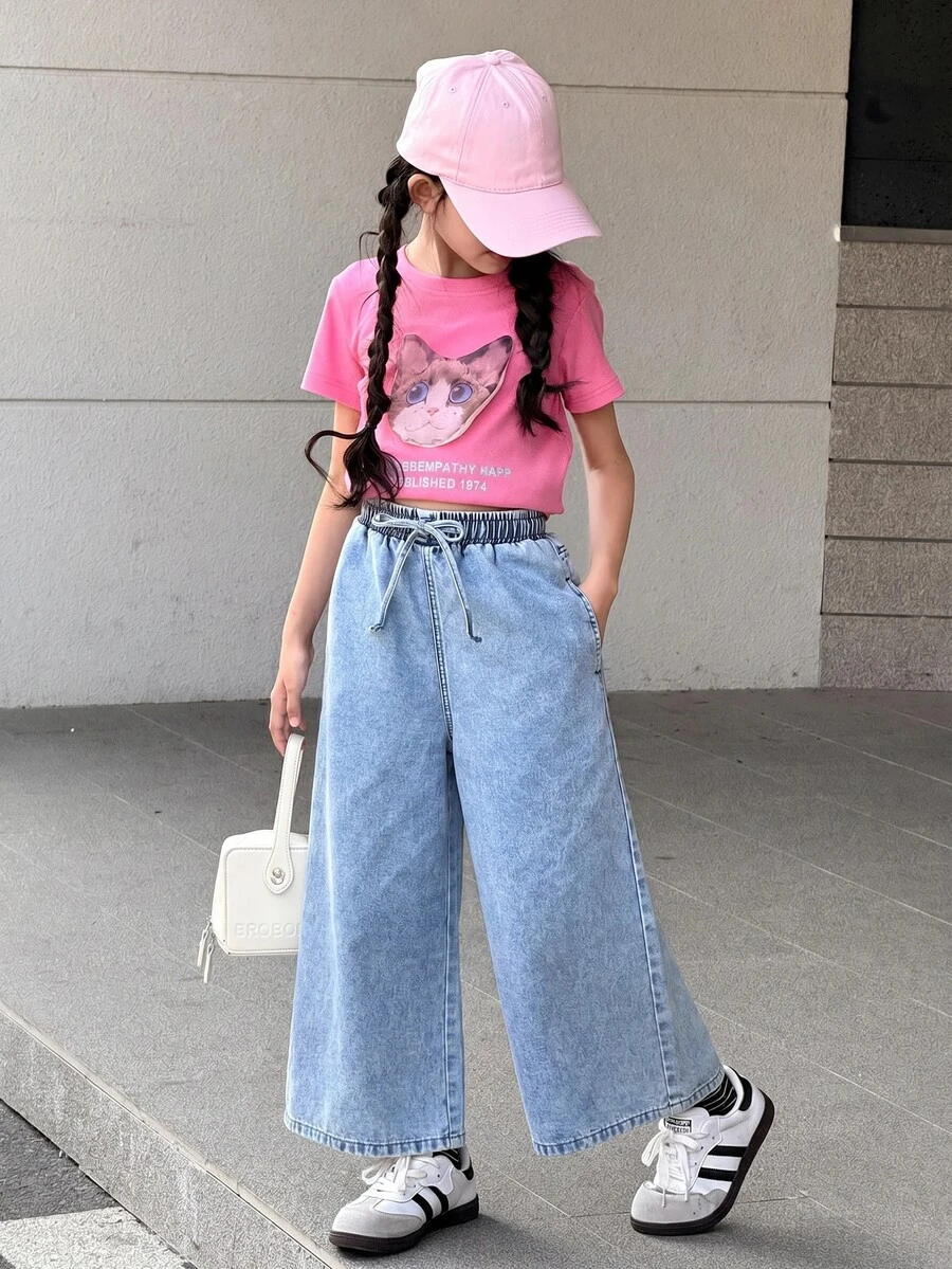 SHEIN 青少年女孩淺藍色寬鬆寬腿牛仔褲 秋冬休閒度假 Y2K 牛仔女郎萬聖節返校穿搭 - 藍色 - 查看 1