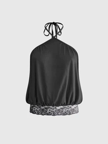 ROMWE Y2K Spring/Summer Vintage Contrast Lace Loose Backless Halter Camisole For Women - Black - View 1