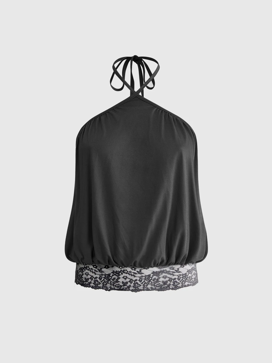 ROMWE Y2K Spring/Summer Vintage Contrast Lace Loose Backless Halter Camisole For Women - Black - View 1