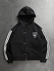 STYNVO Men's Graphic Zip Up Hoodie, Striped Sleeve Oversized Streetwear Jacket - Black - View 2