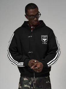 STYNVO Men's Graphic Zip Up Hoodie, Striped Sleeve Oversized Streetwear Jacket - Black - View 1