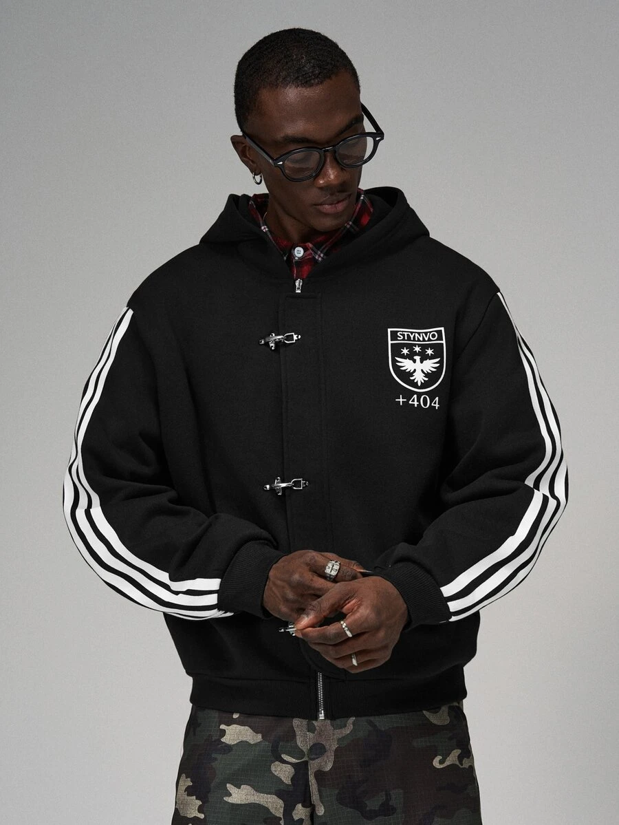 STYNVO Men's Graphic Zip Up Hoodie, Striped Sleeve Oversized Streetwear Jacket - Black - View 1