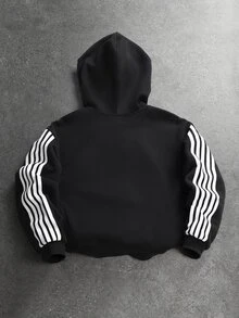 STYNVO Men's Graphic Zip Up Hoodie, Striped Sleeve Oversized Streetwear Jacket - Black - View 3