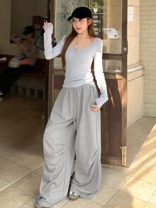 DAZY Women's Solid Color Loose Ruched Elastic Waist Drawstring Casual Streetwear Sport Vacation Spring Autumn Sweatpants - Grey - View 4