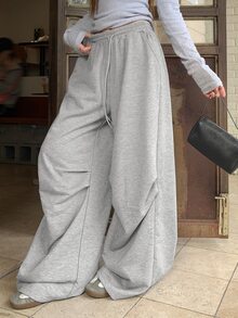 DAZY Women's Solid Color Loose Ruched Elastic Waist Drawstring Casual Streetwear Sport Vacation Spring Autumn Sweatpants - Grey - View 3