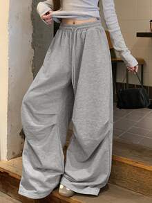 DAZY Women's Solid Color Loose Ruched Elastic Waist Drawstring Casual Streetwear Sport Vacation Spring Autumn Sweatpants - Grey - View 5