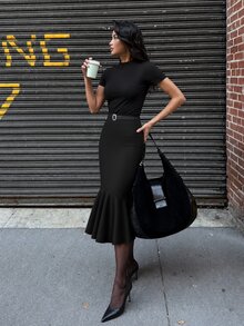 Anewsta 女款秋冬新款優雅修身貼身裙，下擺荷葉邊魚尾拼接設計，適合通勤、度假、派對與日常穿著 - 黑色 - 查看 1