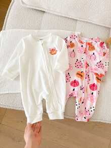 SHEIN Vintaside Kids 2件組女嬰新生兒南瓜印花針織連身衣，休閒可愛舒適百搭，肩扣開襟、胯部開口易穿脫爬行連身衣 - 粉色 - 查看 4